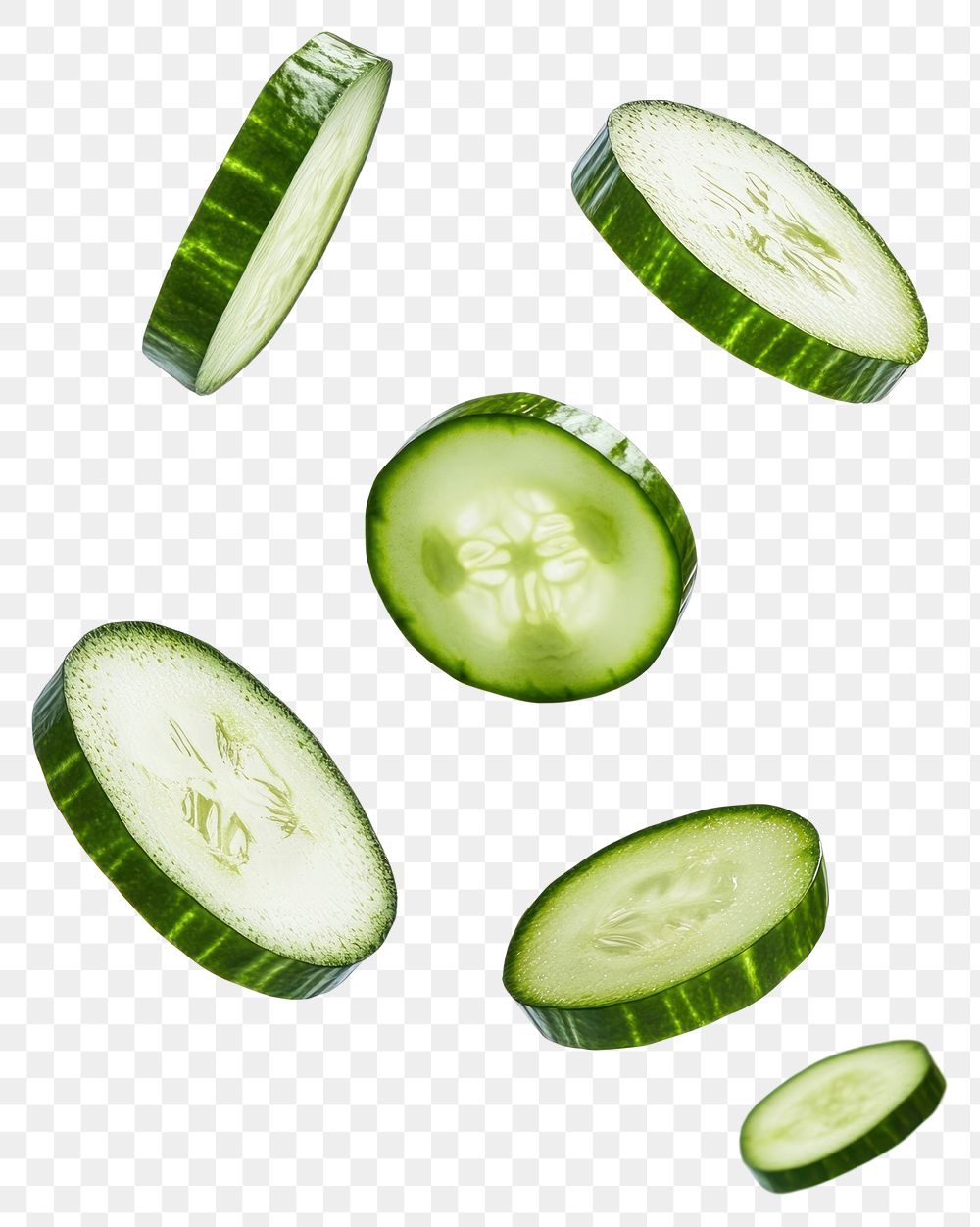 PNG Cucumber slices vegetables floating produce.