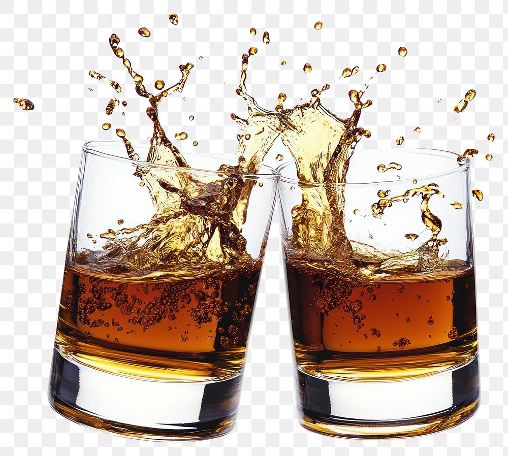 PNG Glasses of whiskey clinking together beverage alcohol splash.