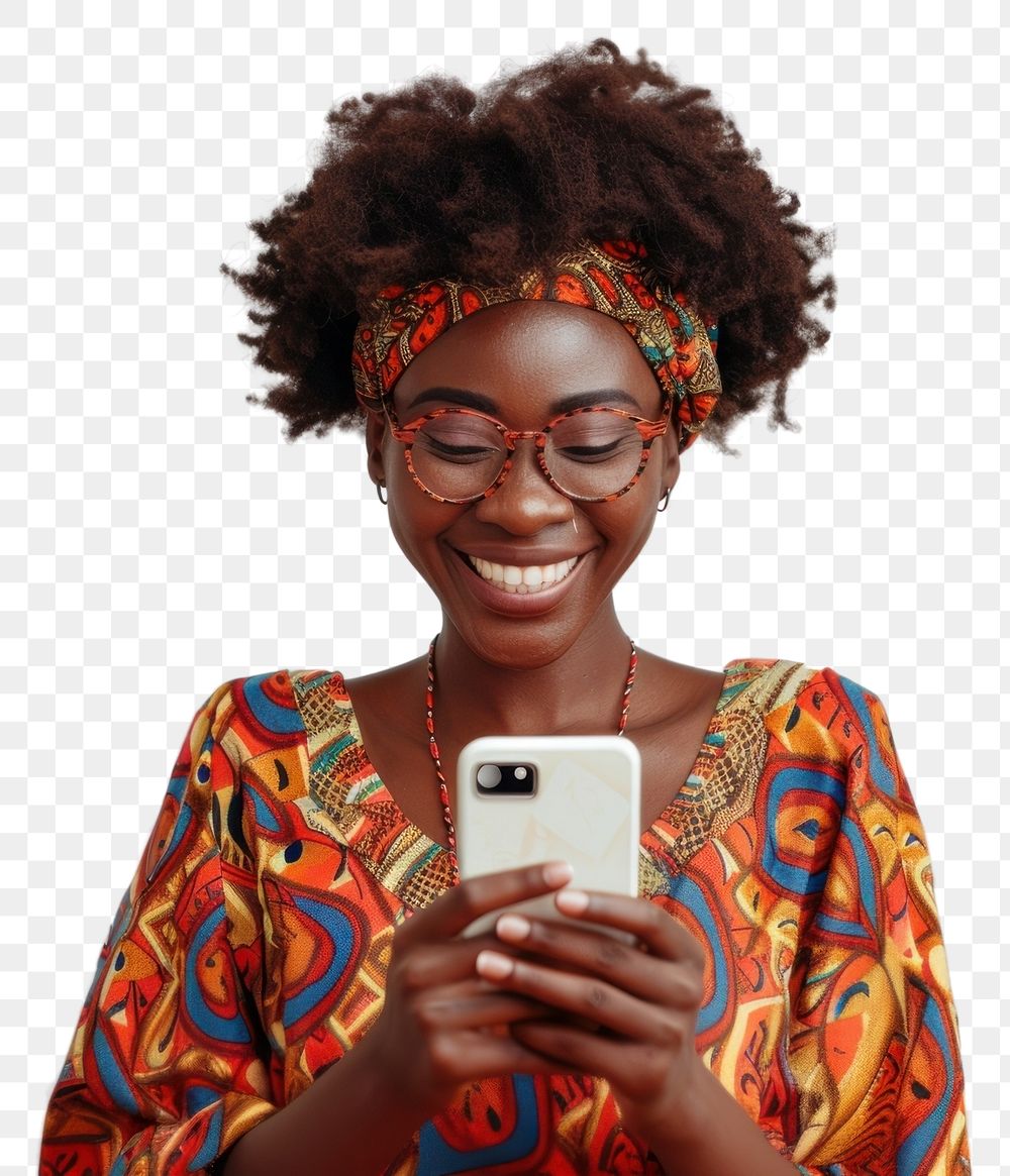 Woman looking mobile phone smile portrait glasses.