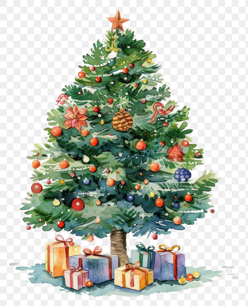 PNG A decorated christmas tree with presents under the tree illustration watercolor festive.