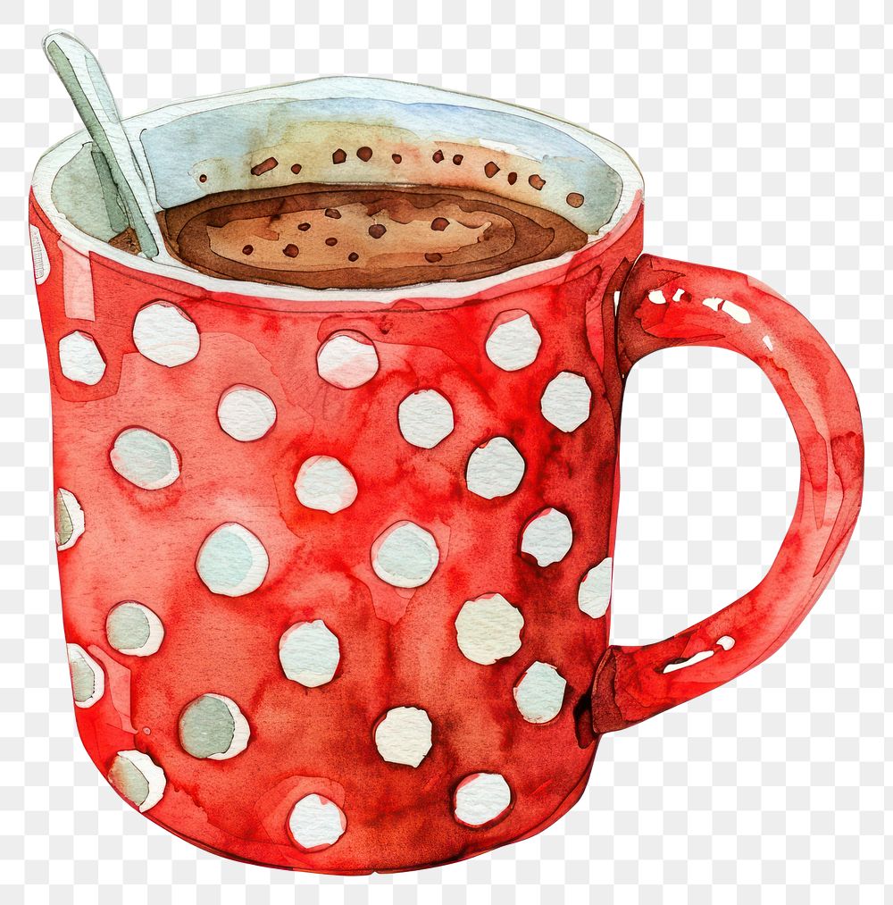 PNG A red with white polkadot mug of hot chocolate illustration watercolor beverage.