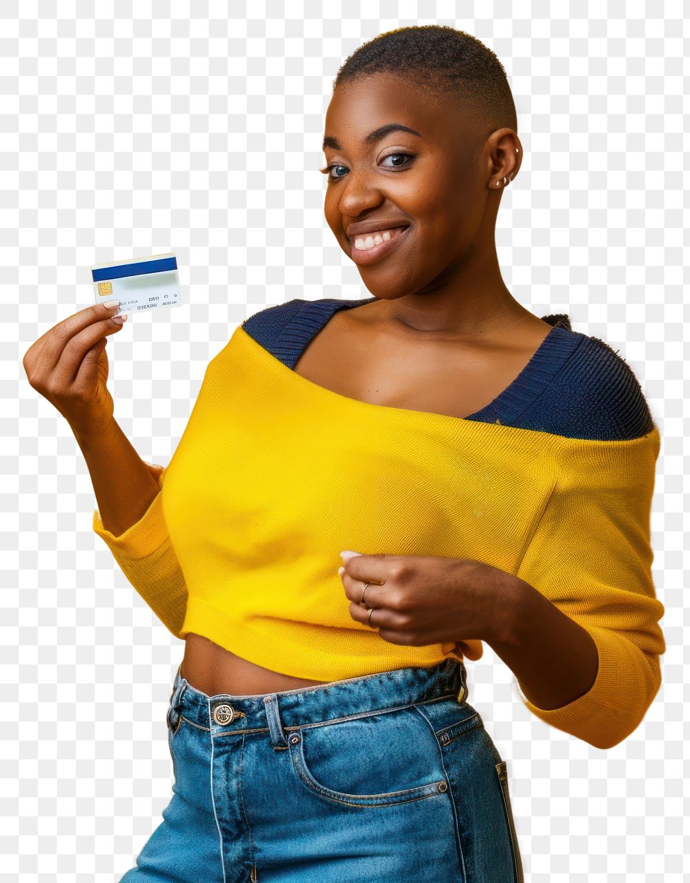 PNG Black woman showing credit card background financial document.