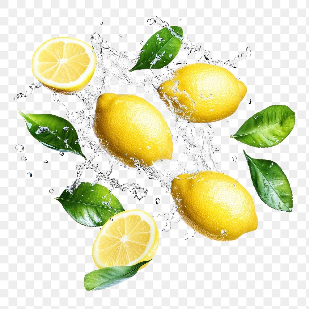 PNG Fresh lemons splashing water leaves