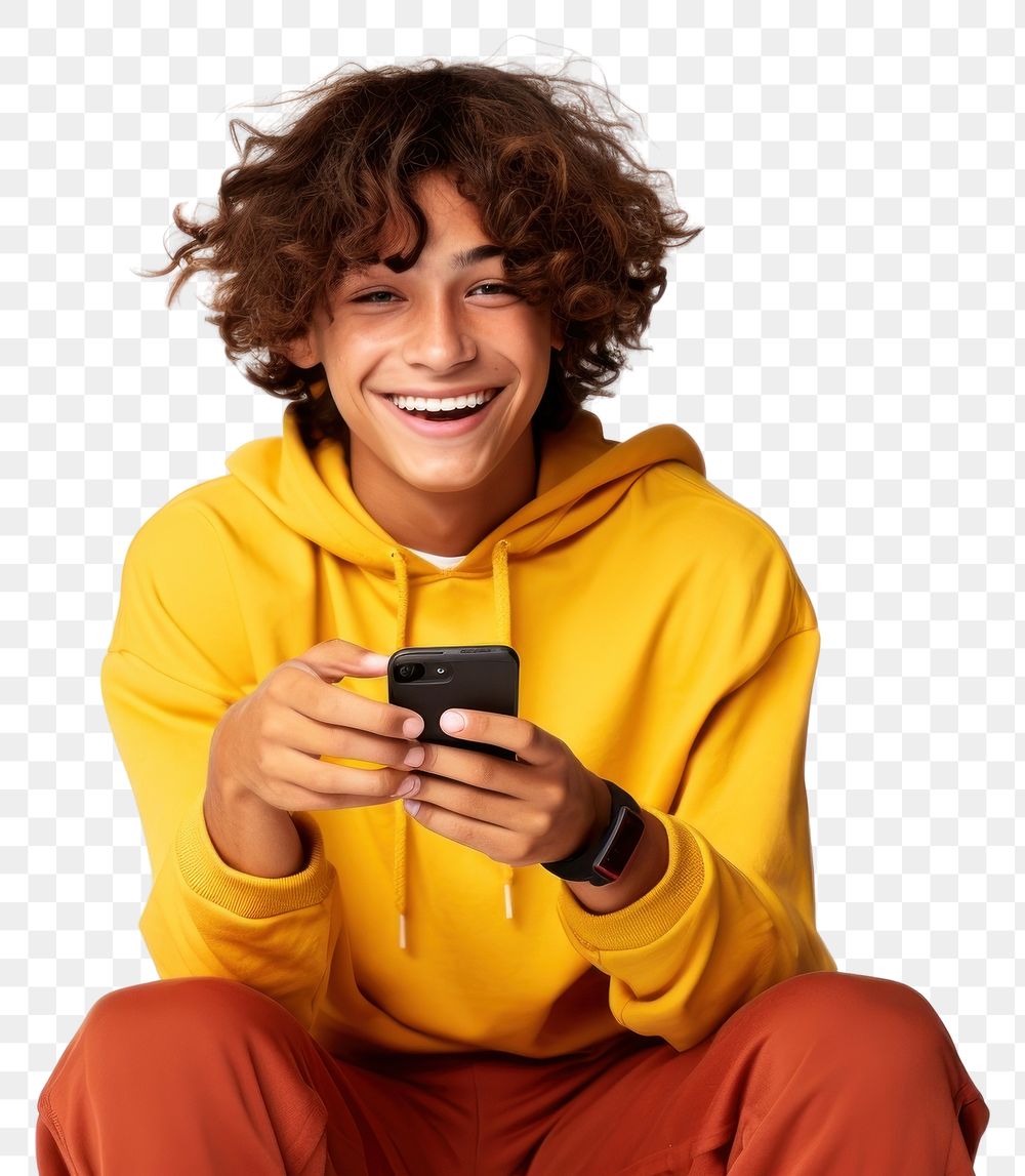 PNG  Smiling teenager holding smartphone