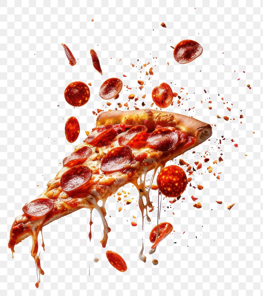 PNG Exploding pepperoni pizza slice food photography delicious.