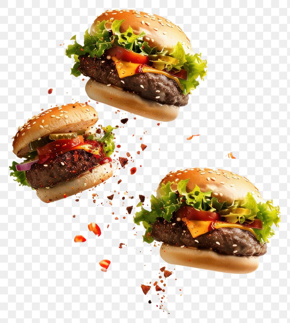 PNG Delicious floating cheeseburgers with toppings