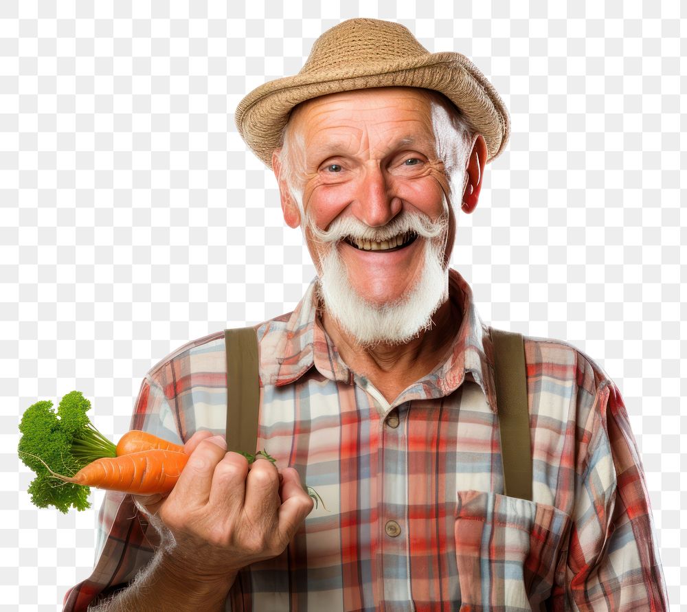 Happy smiling farmer portrait holding carrot. 