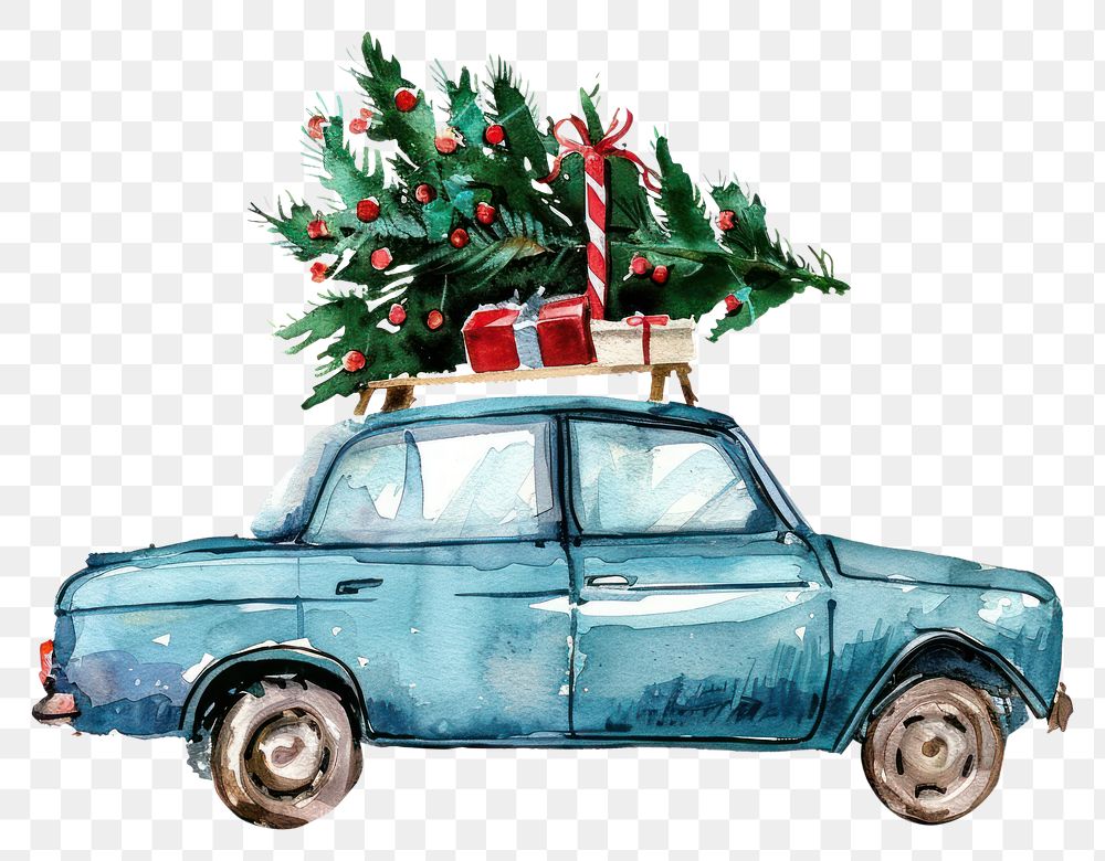 PNG Christmas tree on the roof of a car christmas illustration watercolor.