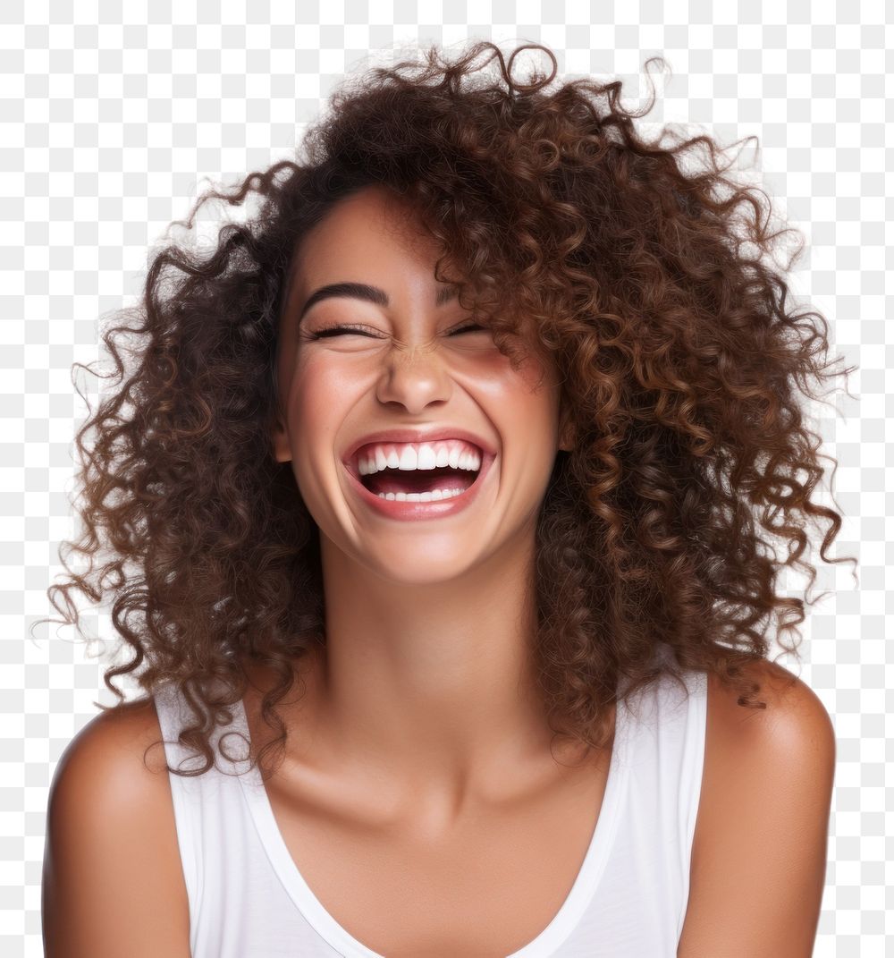 Indian woman with white top laughing adult face white background.