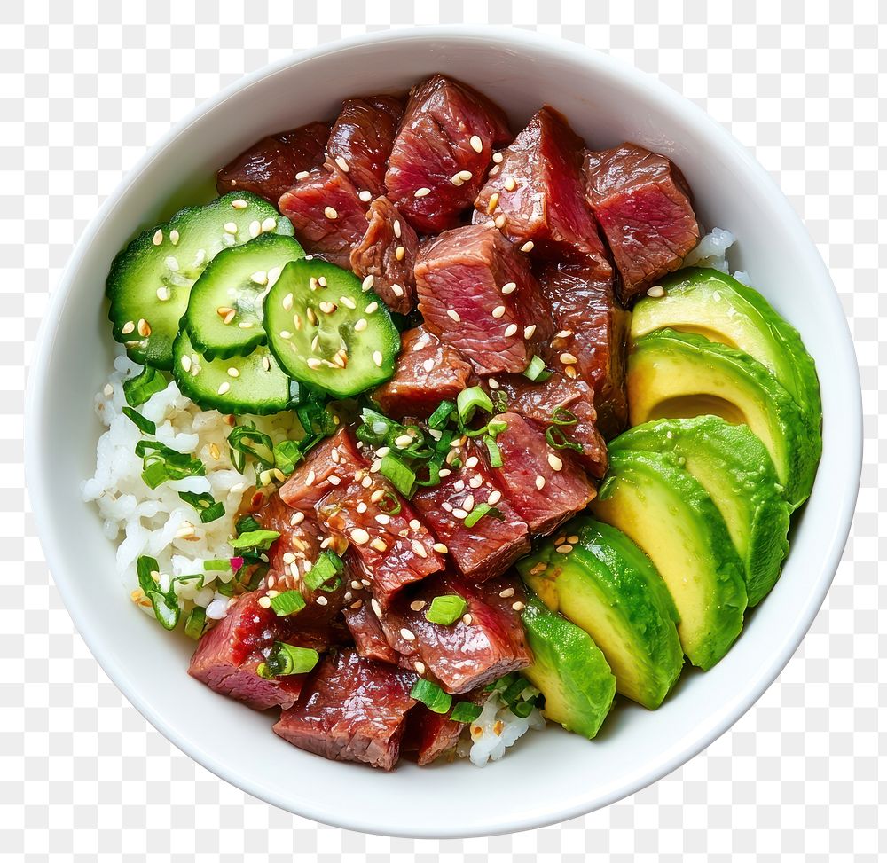 PNG A beef poke bowl with slice avocado on a white bowl food meal dish.