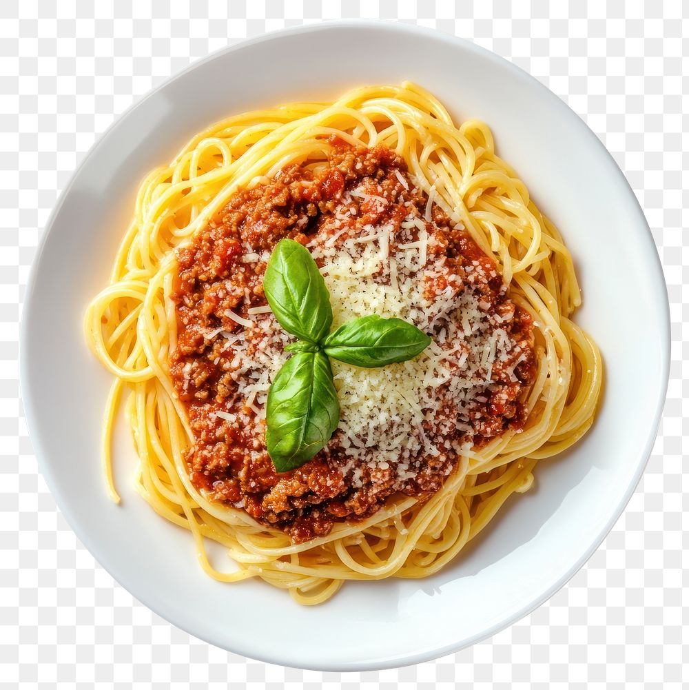 PNG A bolognese pasta with mozerlella cheese on top on a white dish food spaghetti meat.