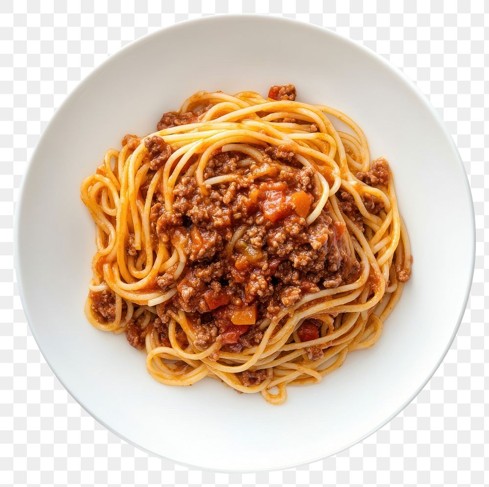 PNG A bolognese pasta on a white dish food background spaghetti.