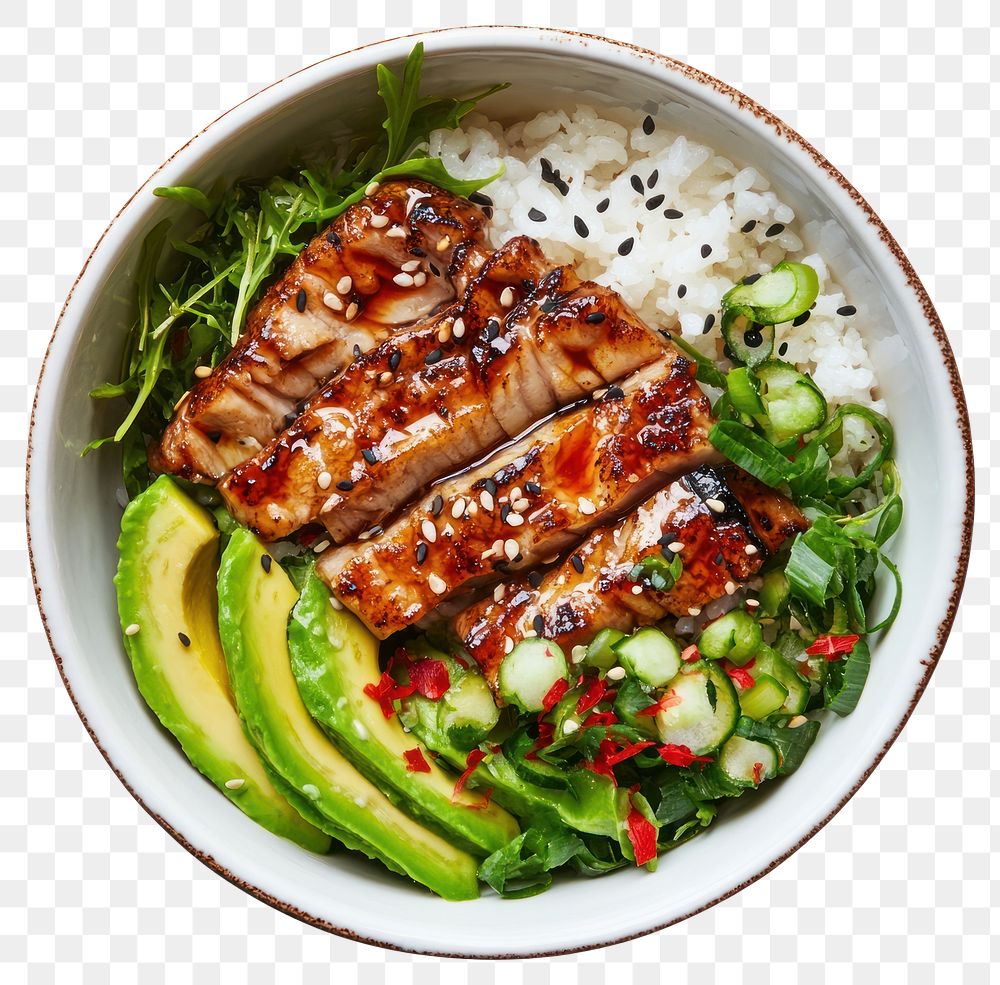 PNG A grilled eel poke bowl with slice avocado on a white bowl slices food meal.