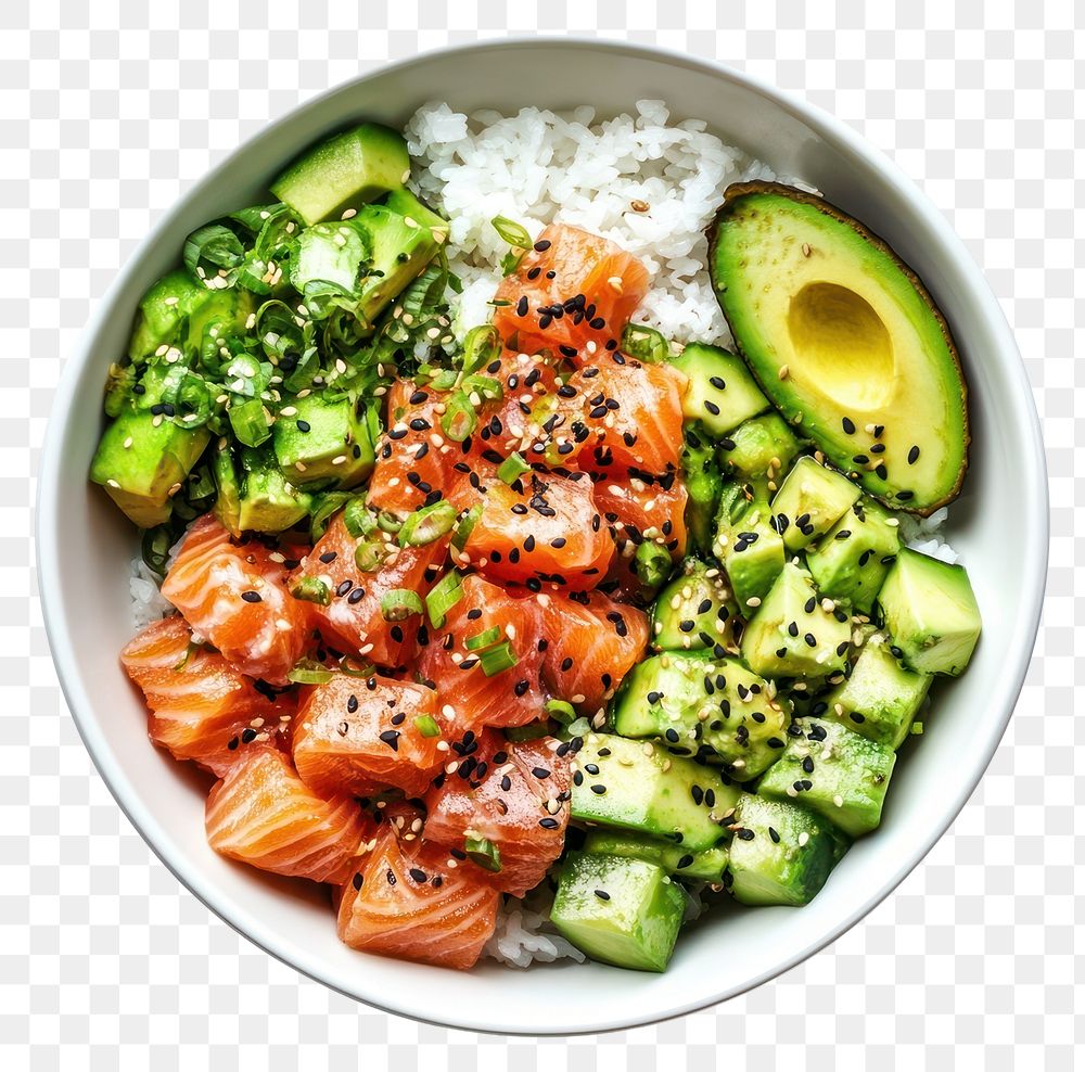 PNG A salmon poke bowl with slice avocado on a white bowl food photography seafood.