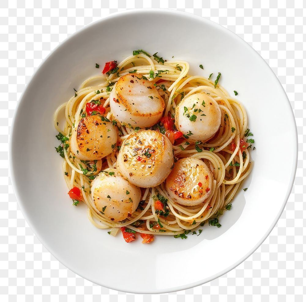 PNG A scallop pasta on a white dish spaghetti plate food.