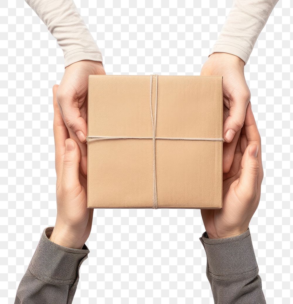 Two people sending one package cardboard box white background.