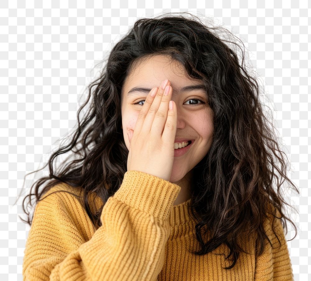 Woman covering one eye with hand smile face surprised.