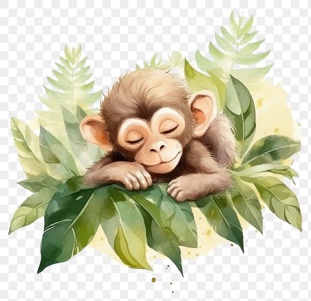 PNG  Watercolor monkey sleeping animal wildlife cartoon.