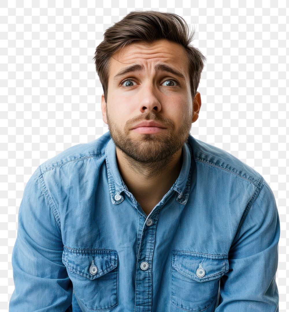 Worried man with blue shirt portrait adult photo.