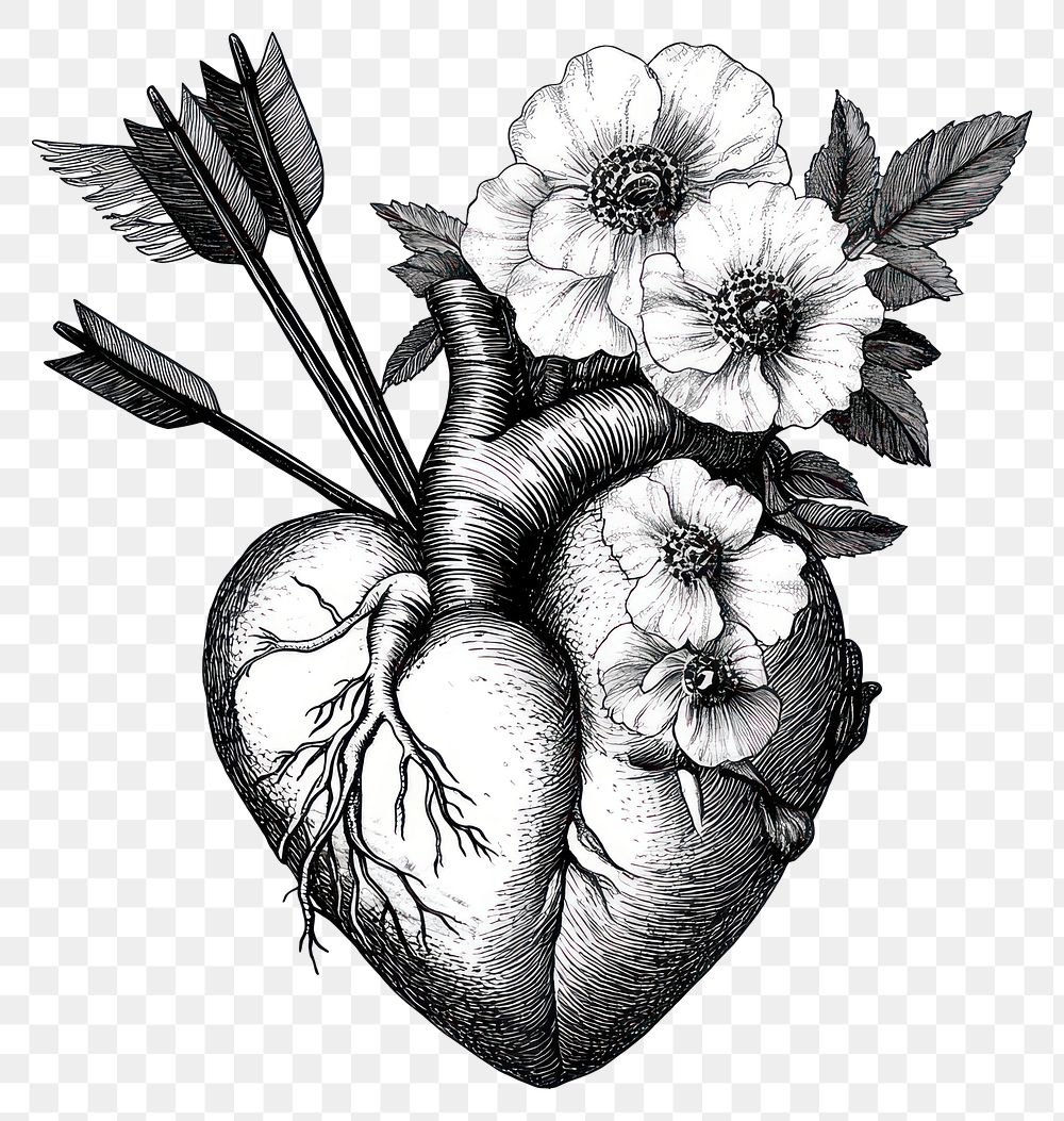 PNG Anatomical heart tattoo drawing flowers vintage.