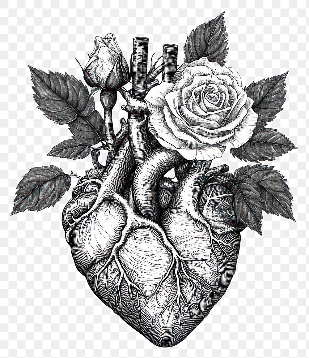 PNG Anatomical heart tattoo drawing sketch roses.