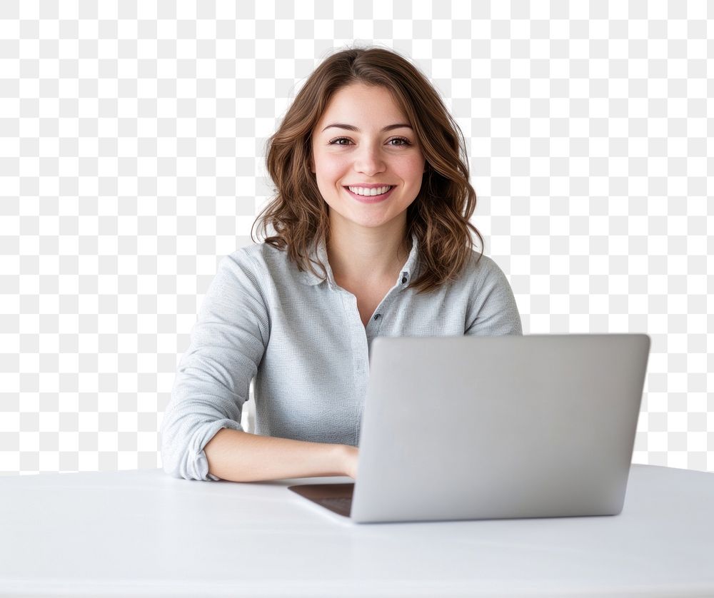 PNG Smiling woman with laptop background computer white.