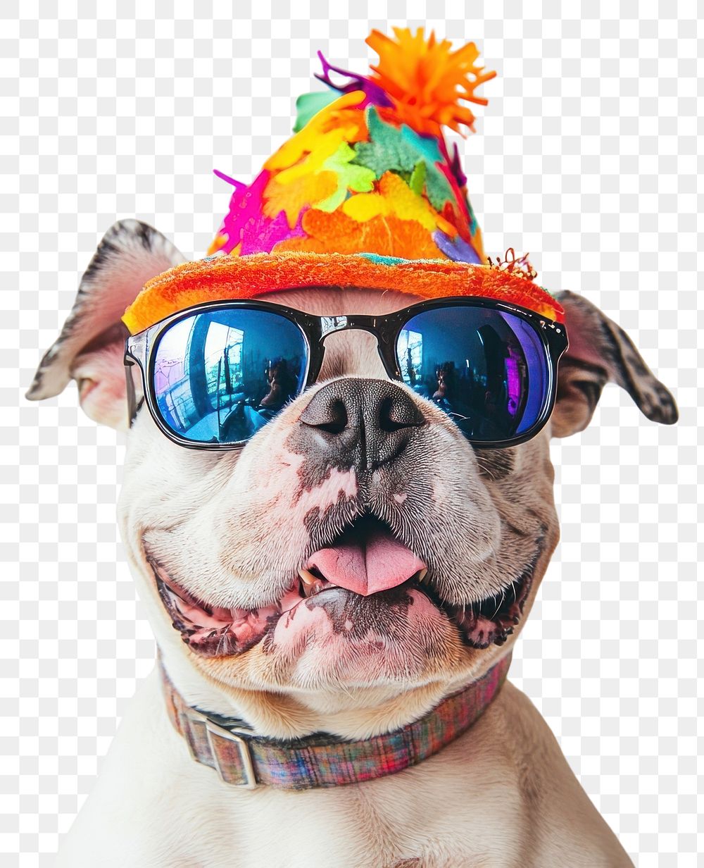 PNG  Bulldog wearing party hat sunglasses