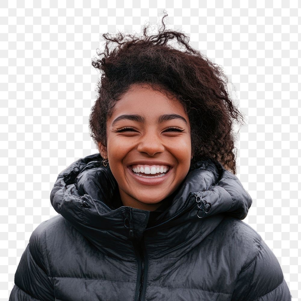 Happy young woman wearing a down jacket laughing clothing apparel.