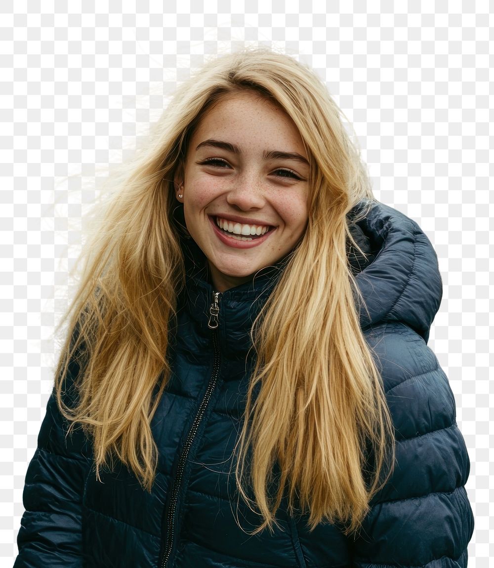 Happy young woman wearing a down jacket blonde photo photography.