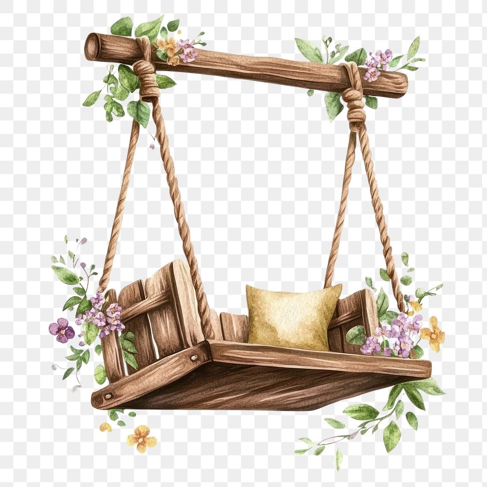 PNG  Wooden swing chair illustration flowers art.