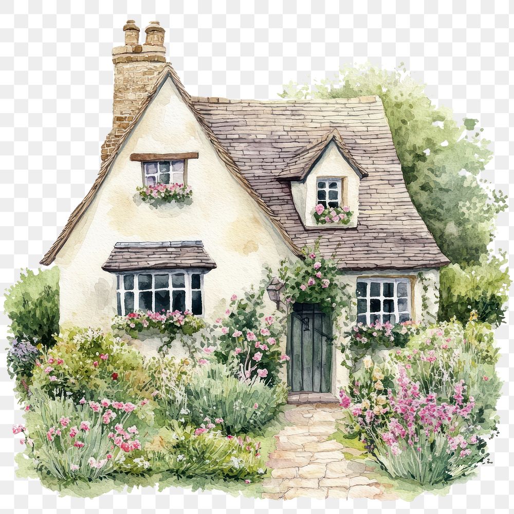 PNG  English cottage architecture illustration watercolor.