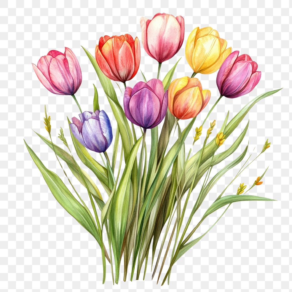 PNG  Small bouquet of colorful tulips in grass art illustration watercolor.