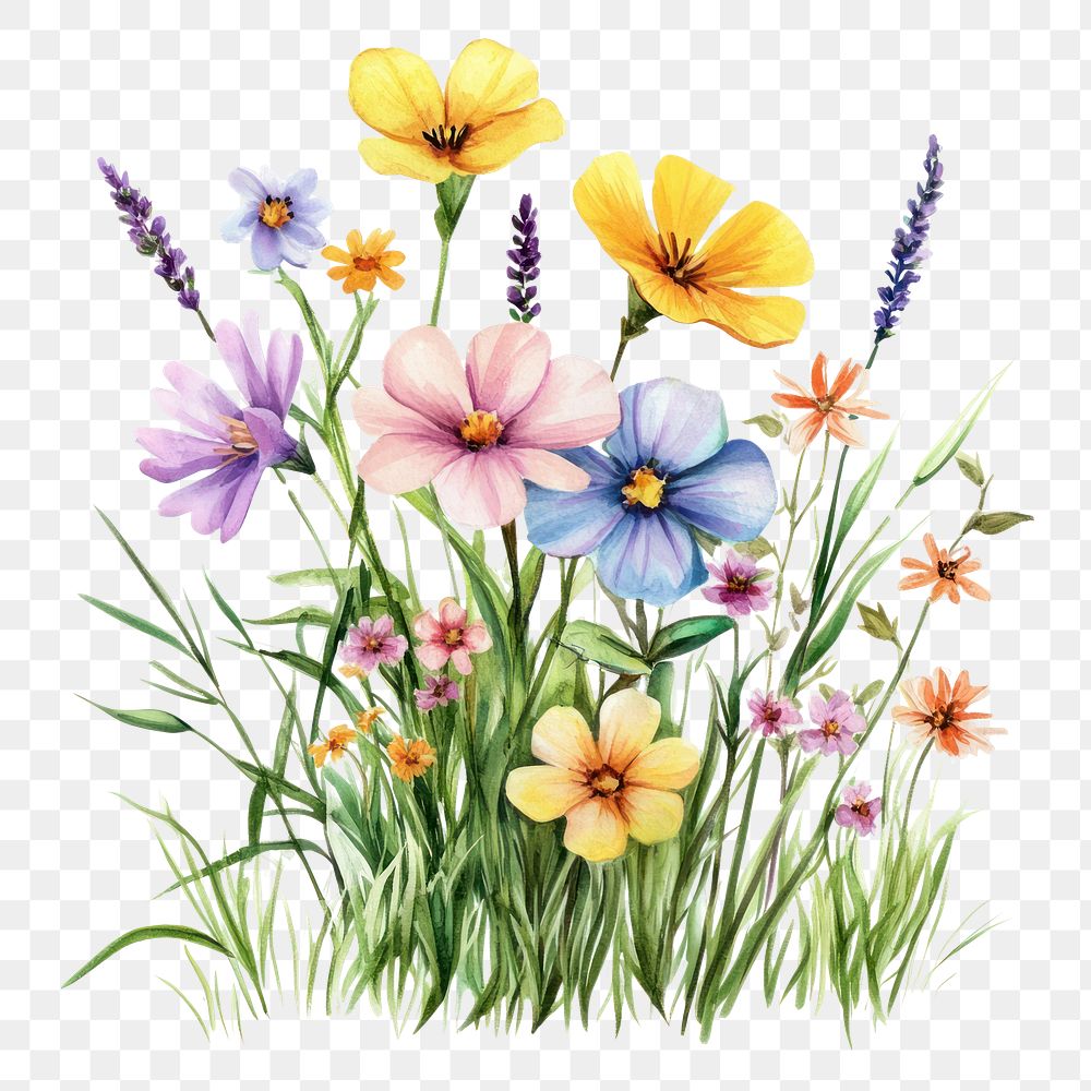 PNG  Small bouquet of colorful flowers in grass art illustration watercolor.