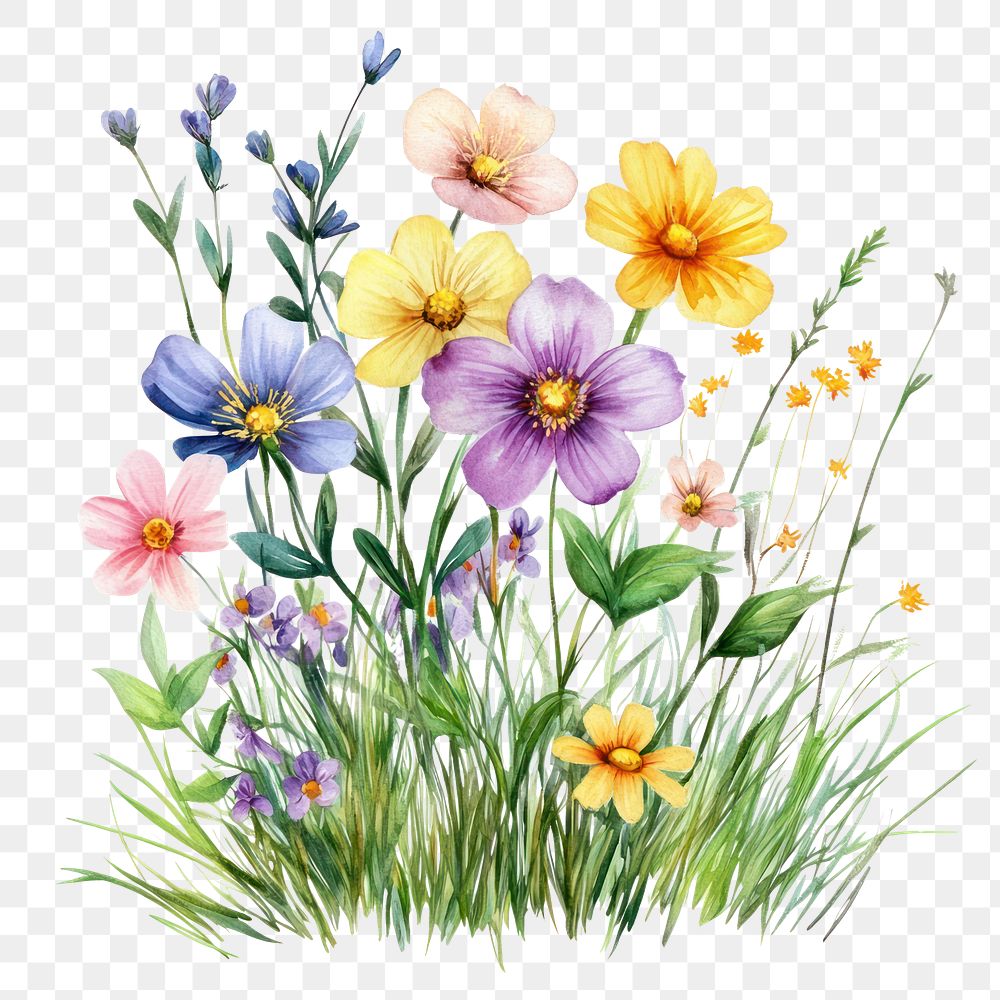 PNG  Small bouquet of colorful flowers in grass art illustration watercolor.