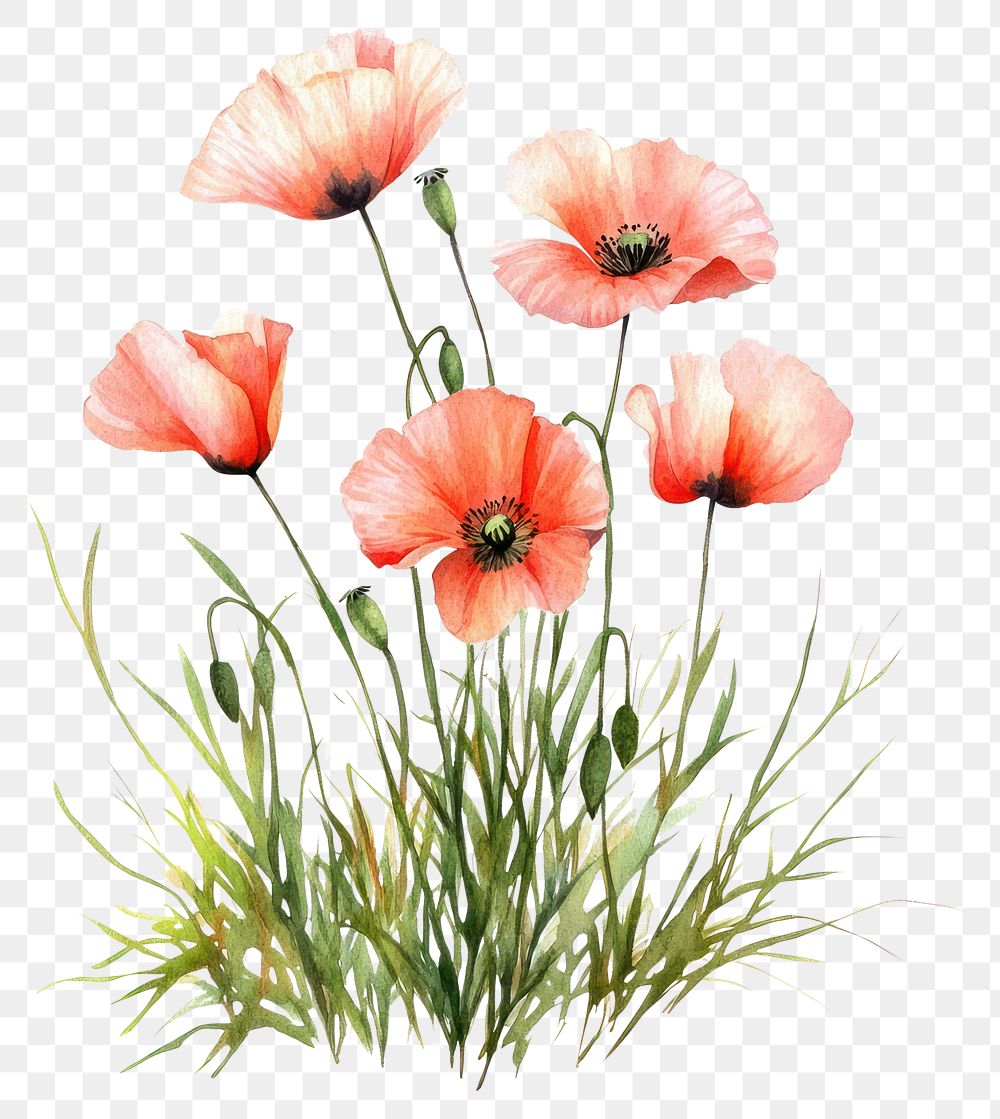 PNG  Small bouquet of Poppies in grass poppies poppy illustration.