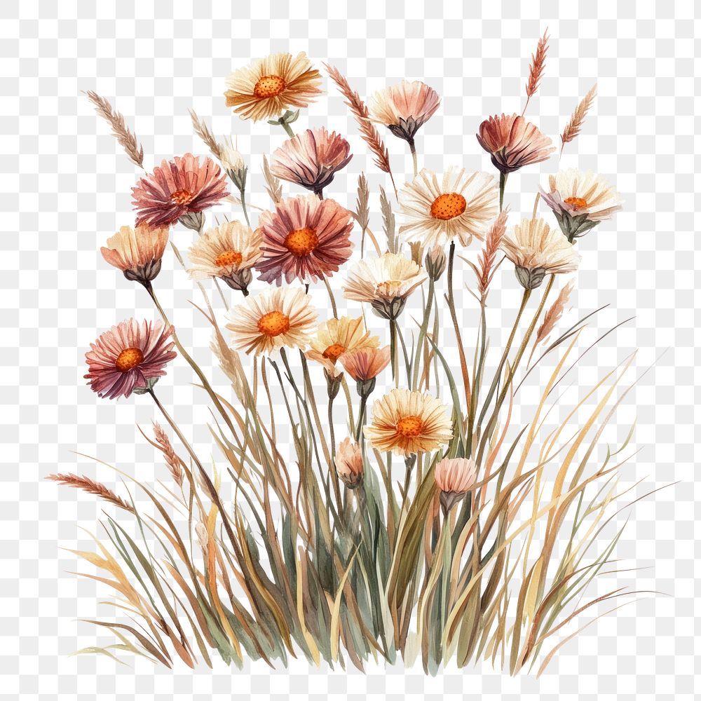 PNG  Small bouquet of Strawflowers in grass art illustration watercolor.