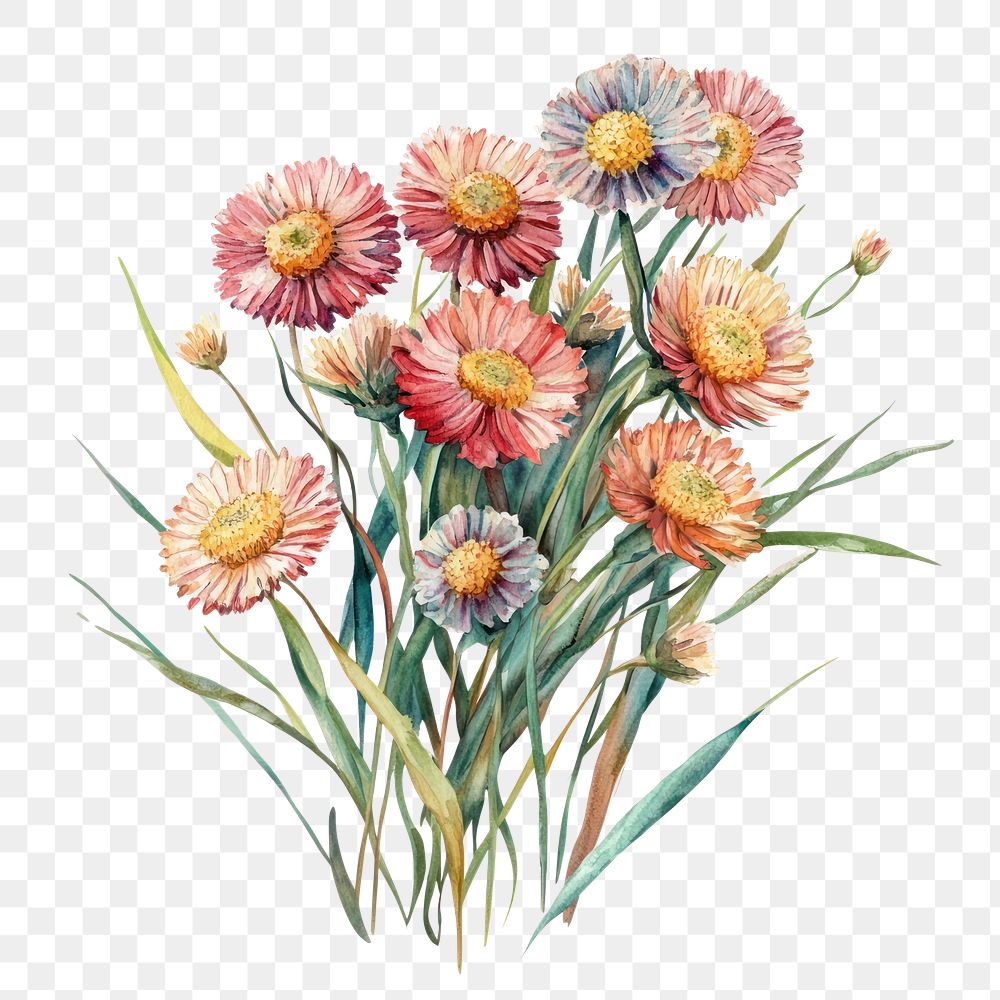 PNG  Small bouquet of Strawflowers in grass art illustration watercolor.