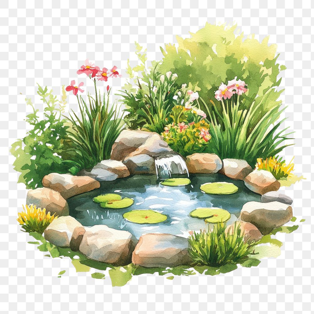 PNG  Small pond in the garden water illustration watercolor.