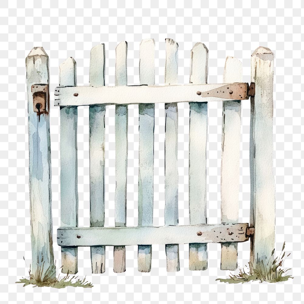 PNG  White wooden fence door illustration watercolor outdoors.