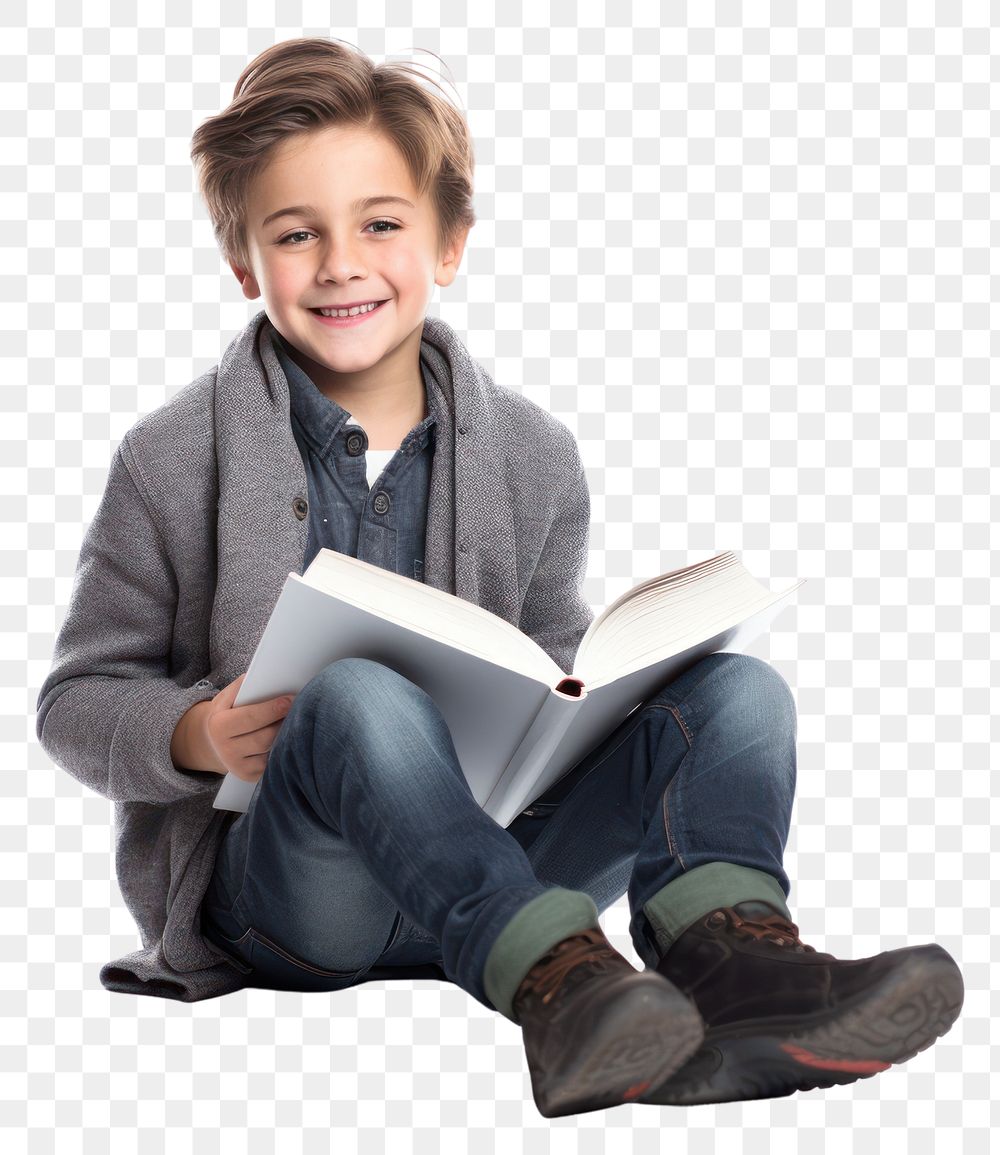 Boy reading sitting child. 