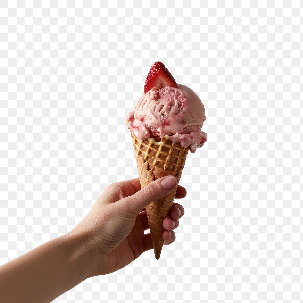 PNG Hand holding strawberry icecream dessert cone delicious.