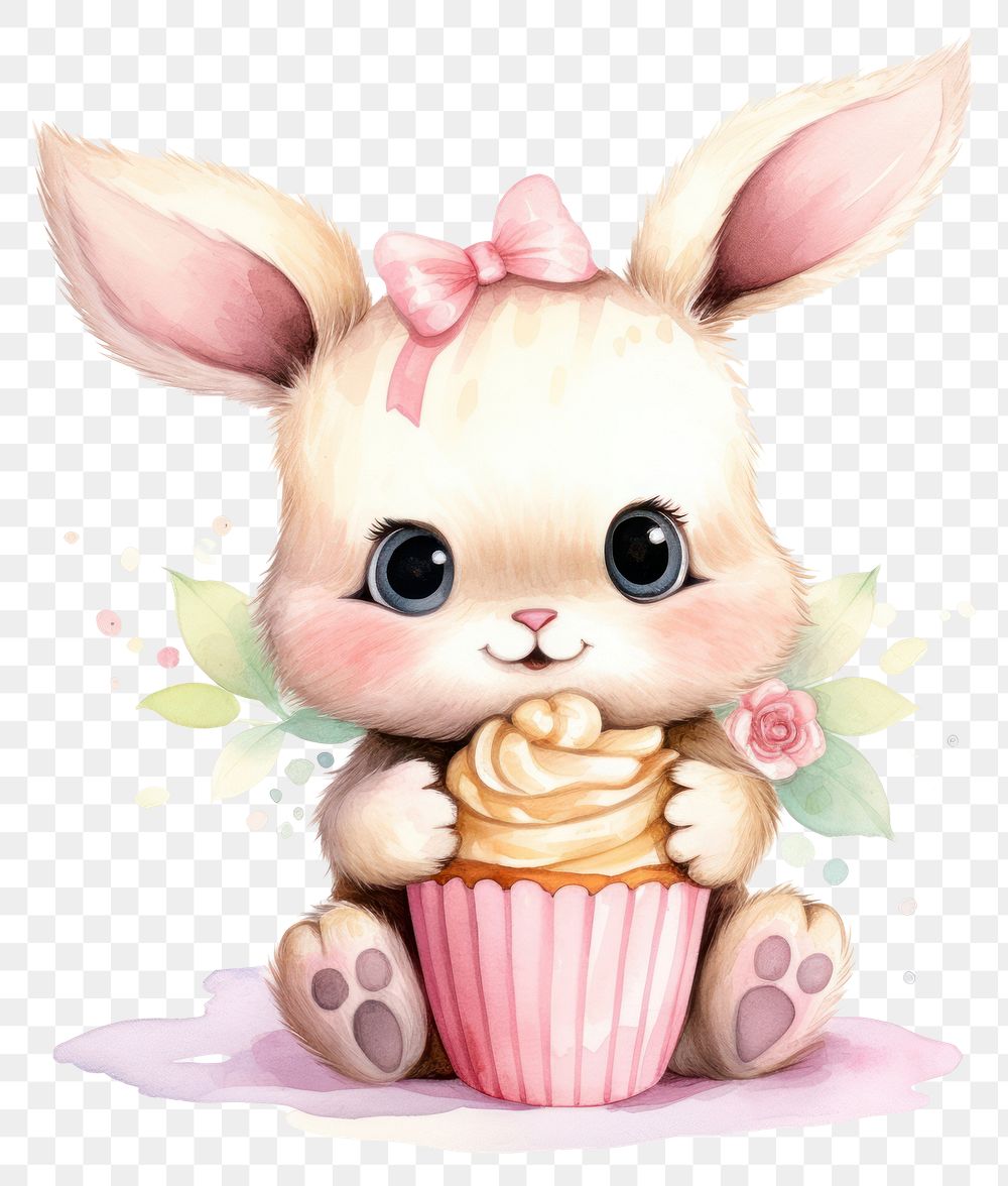 PNG Rabbit hugging big cupcake dessert cartoon cute.