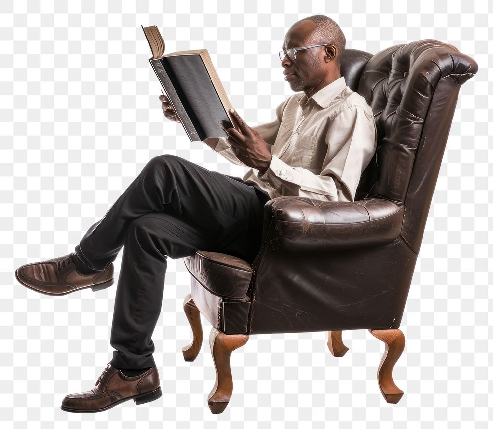 PNG Black senior man sitting in armchair reading book background white 