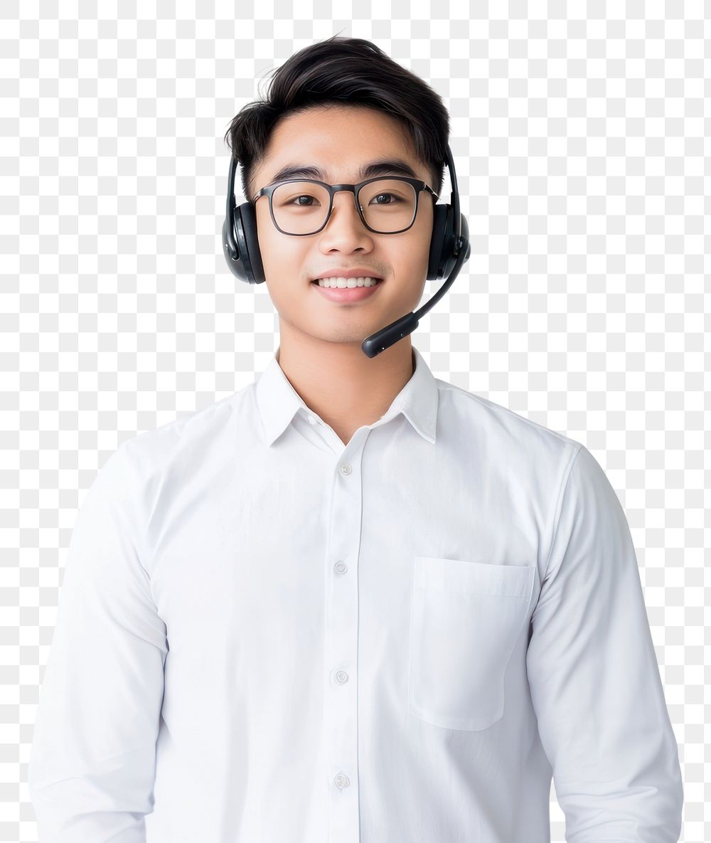 PNG An asian man call center agent with headset background customer glasses.