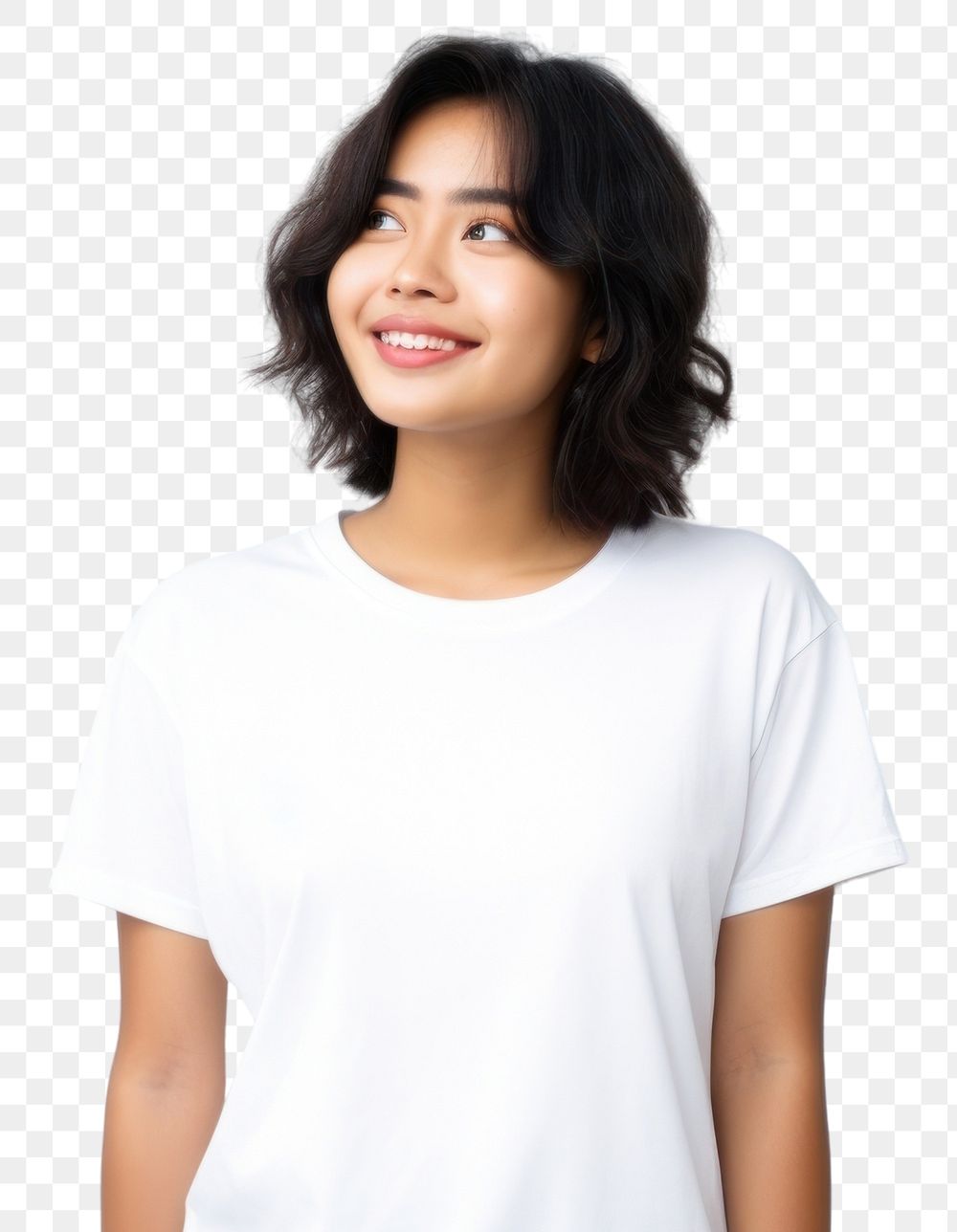 PNG White T shirt smile portrait t-shirt. 