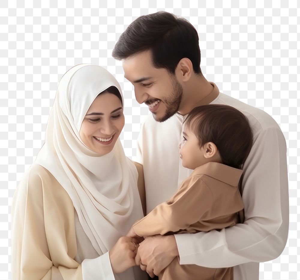 Happy Muslim family reading quran together smiling adult togetherness. 