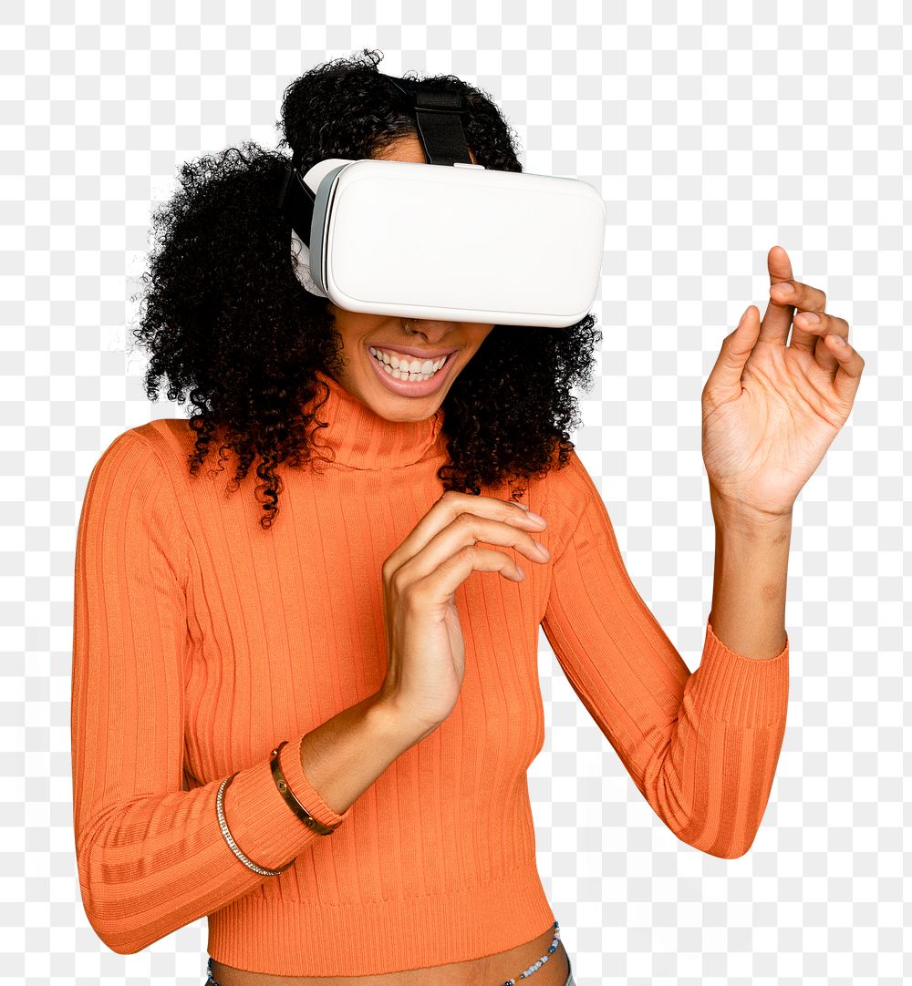 Smiling woman mockup png having fun with VR headset digital device