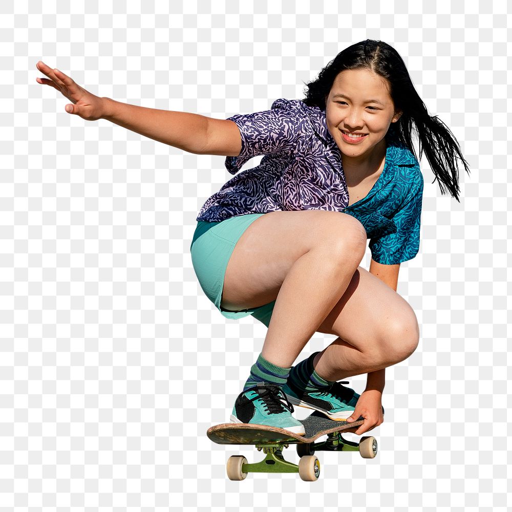 Skateboarding png, asian girl enjoying fun activity cut out