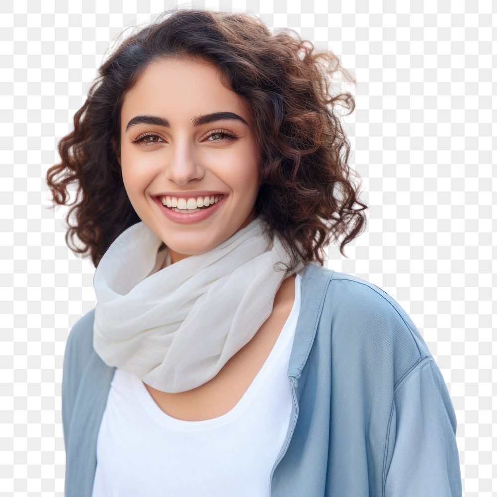 Portrait scarf adult smile.  PNG with transparent background.