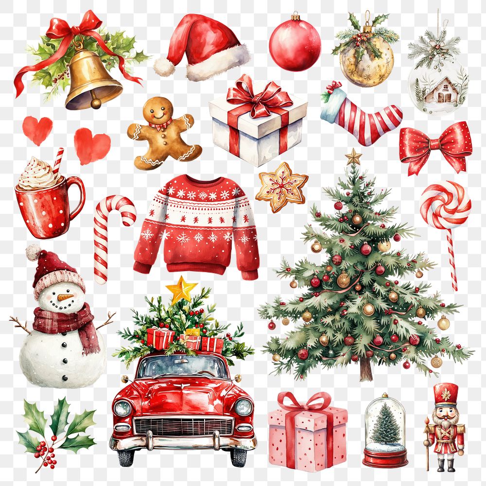 PNG watercolor Christmas element set, transparent background